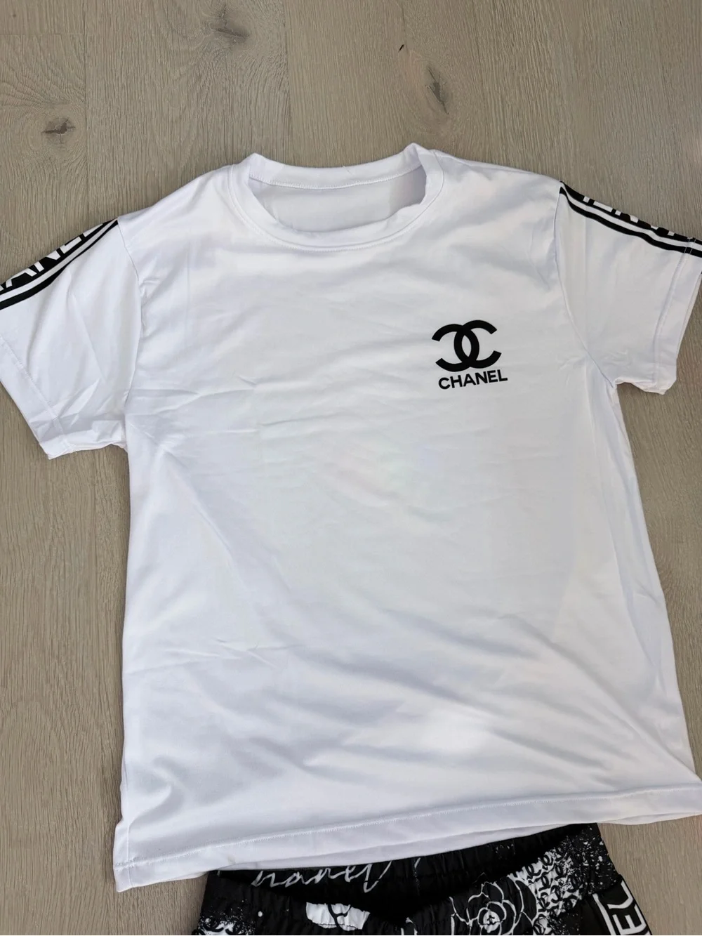CHANEL White Tee with Black Logo & Black Printed Track Pants size S/M